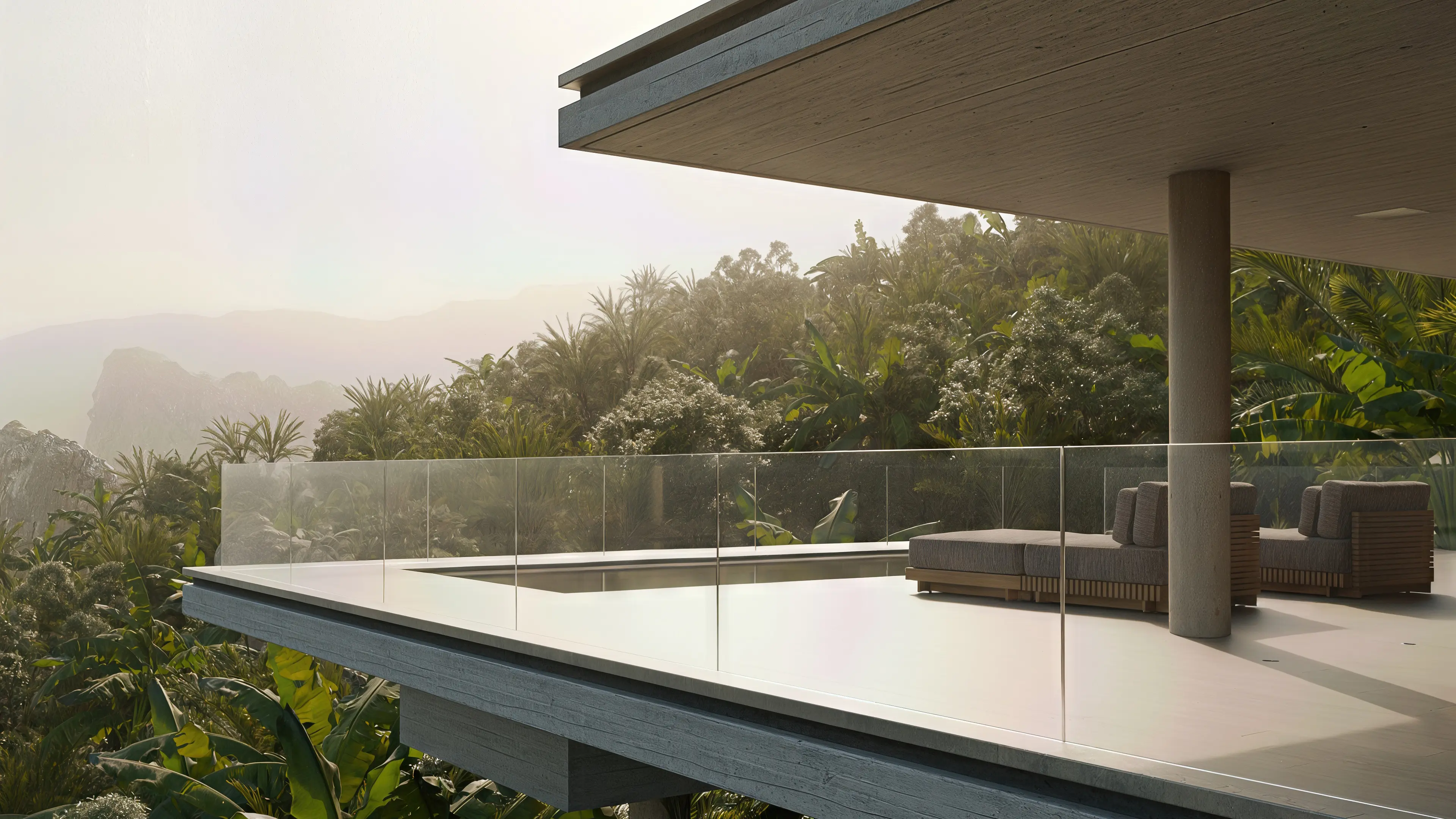 Render hiperrealista vegetacion de tarde y hormigon visto