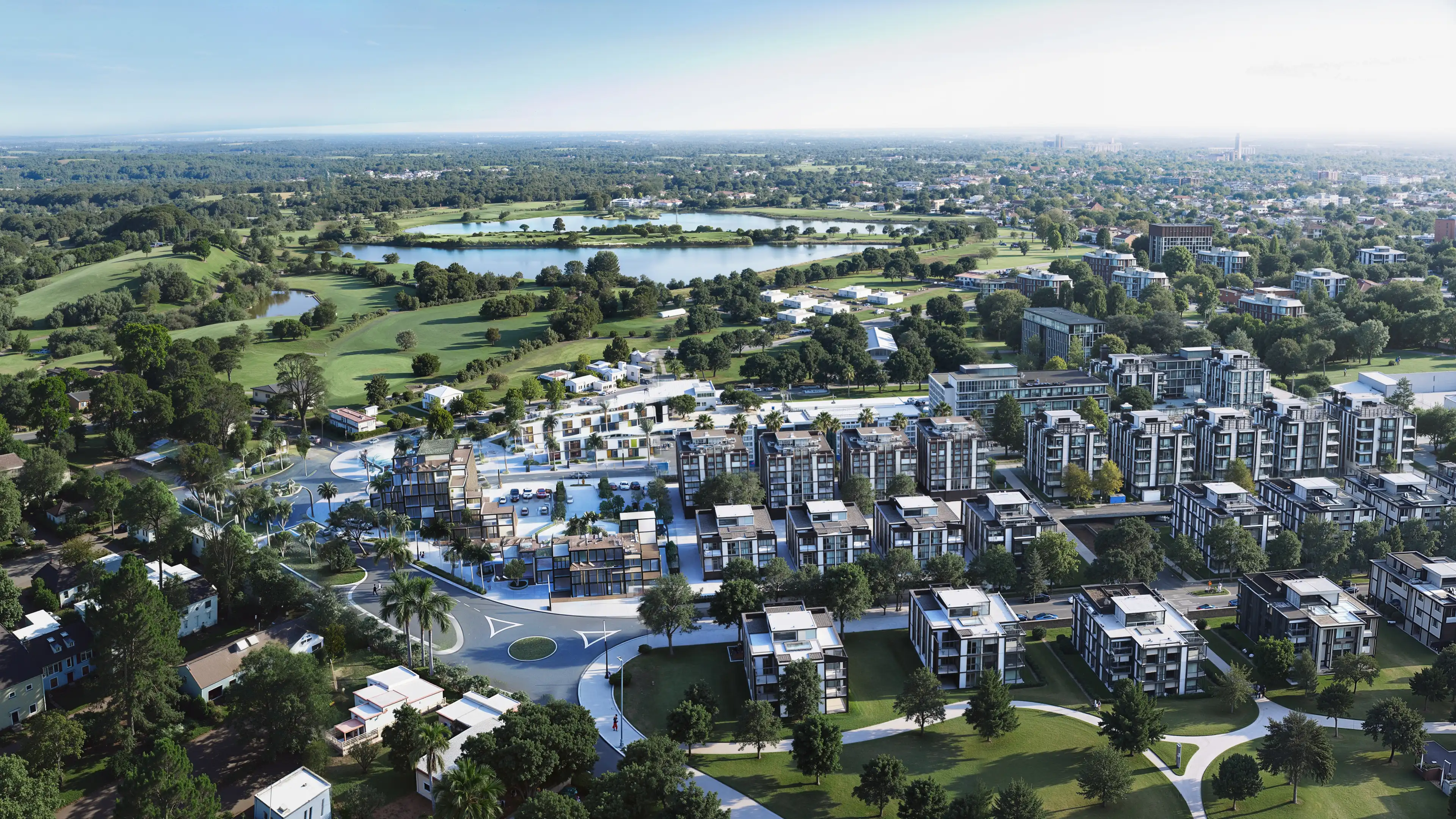 Visualización arquitectónica 3D de fachada residencial de lujo